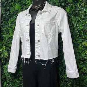 Hollister Denim Jacket Women Large Cream Cropped Distressed Raw‎ Hem 3637